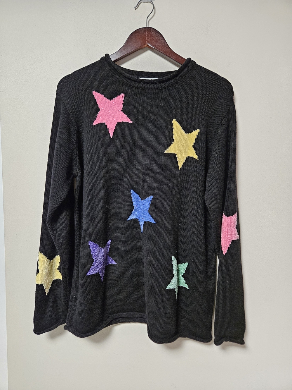 Vintage 90s Quacker Factory Sweater Black Colorful Stars Novelty Knit Hong Kong